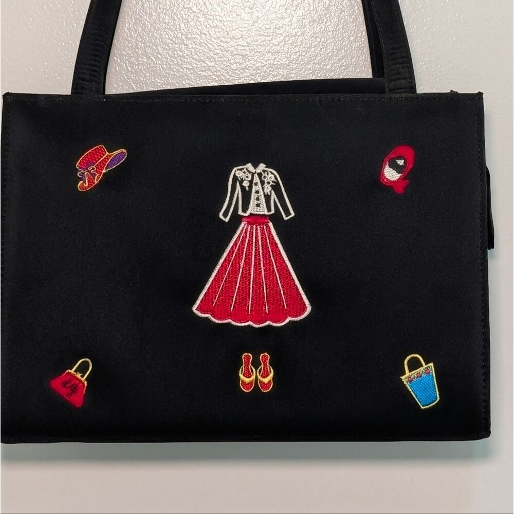 Vintage Y2K Black Satin Novelty Purse Embroidered Coquette Kitsch 90s Bag - Picture 5 of 6